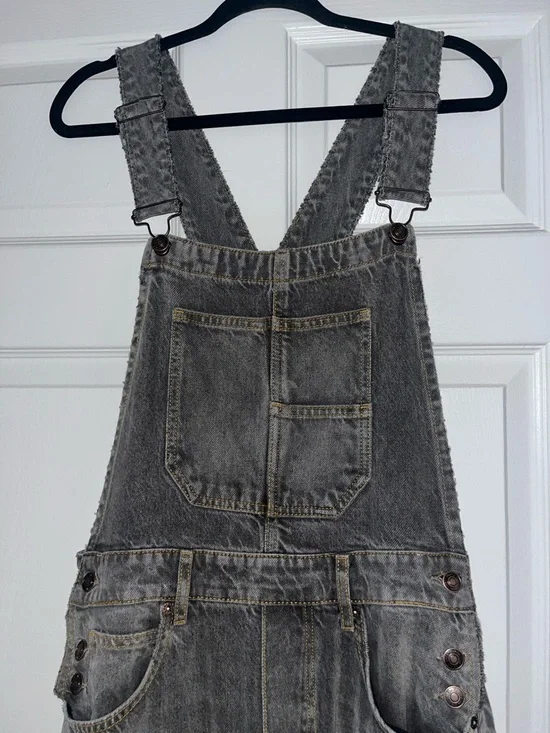 Free People Washed Black/Charcoal Denim Barrel Overalls - Picture 5 of 10